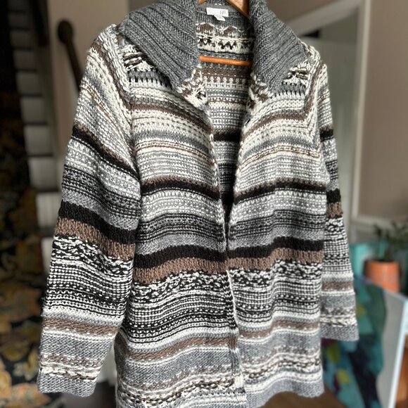 J. Jill Chunky Wool Blend Open Cardigan Nordic Sweater Neutral Stripe Size SP - Picture 10 of 10